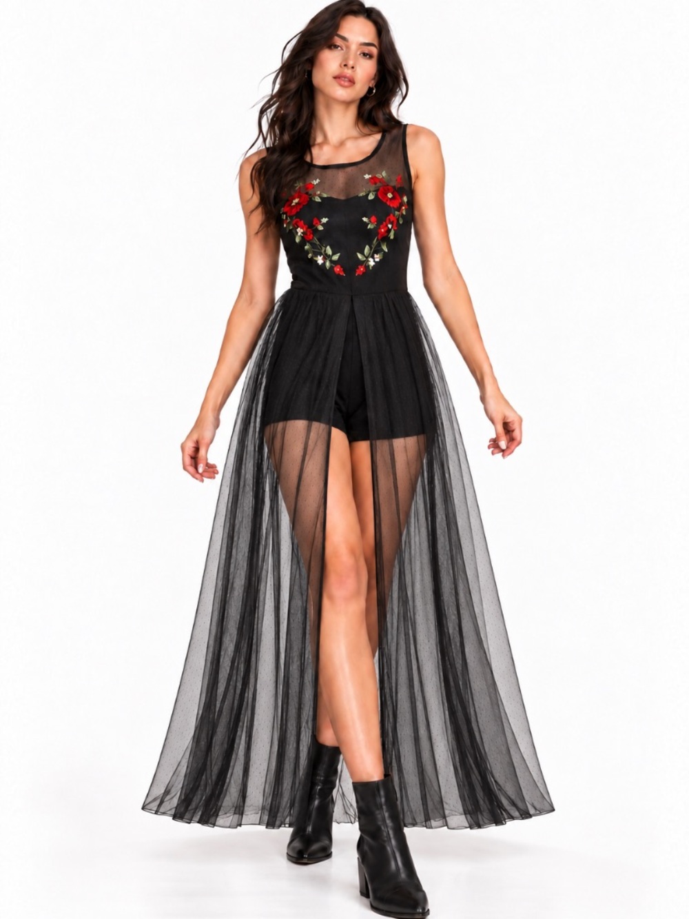 Iris Black Floral Embroidered Sheer Overlay Romantic Goth Romper Dress Size 2X